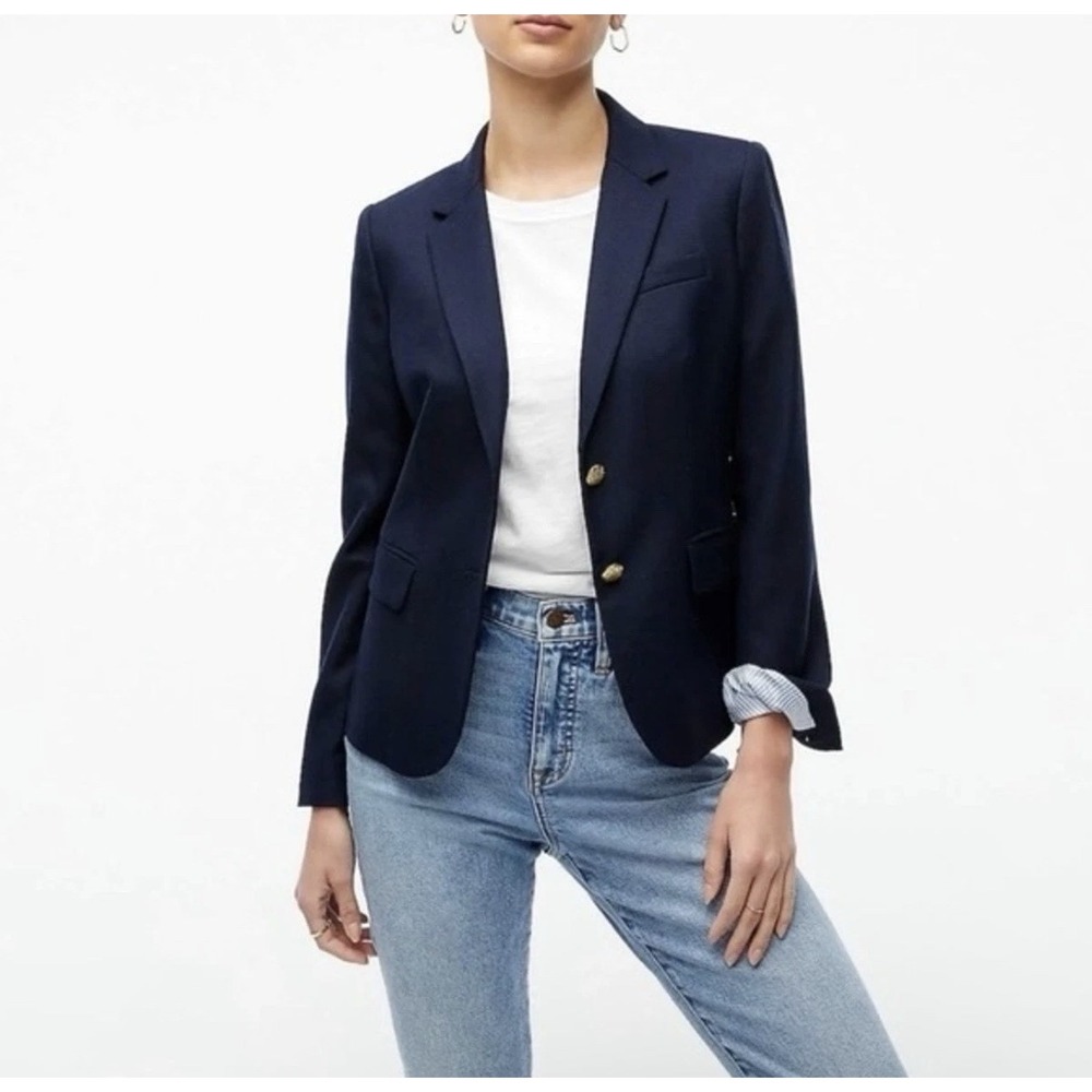 J.Crew Schoolboy Blazer Navy Blue Wool Blend Gold Crest Button Jacket 2 Preppy